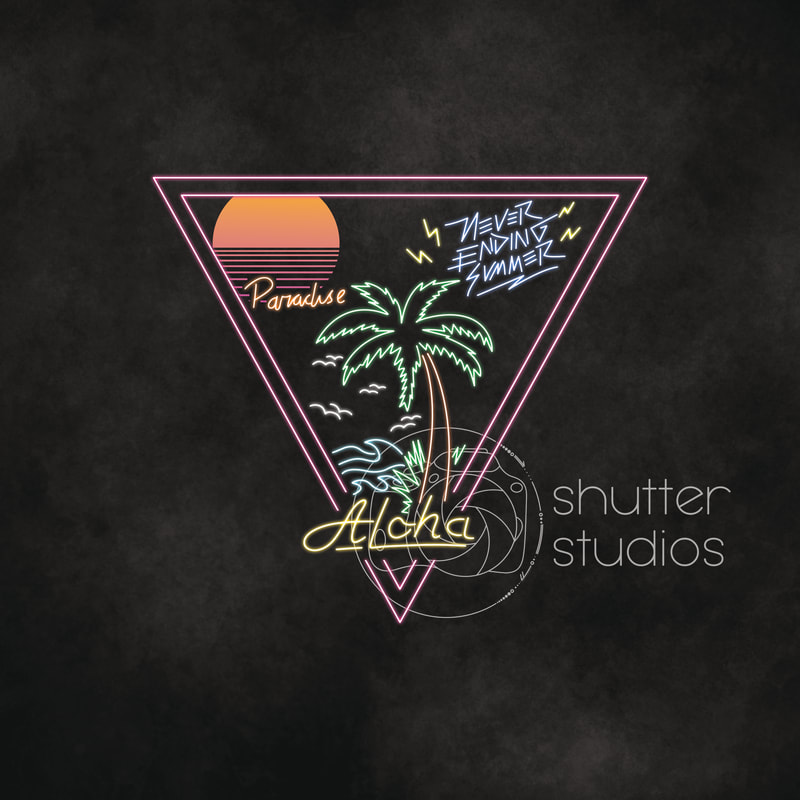 "Never Ending Summer" quote with a paradise feel - Aloha vibes with a neon illusion drawing of palm trees and 90s neon signs.