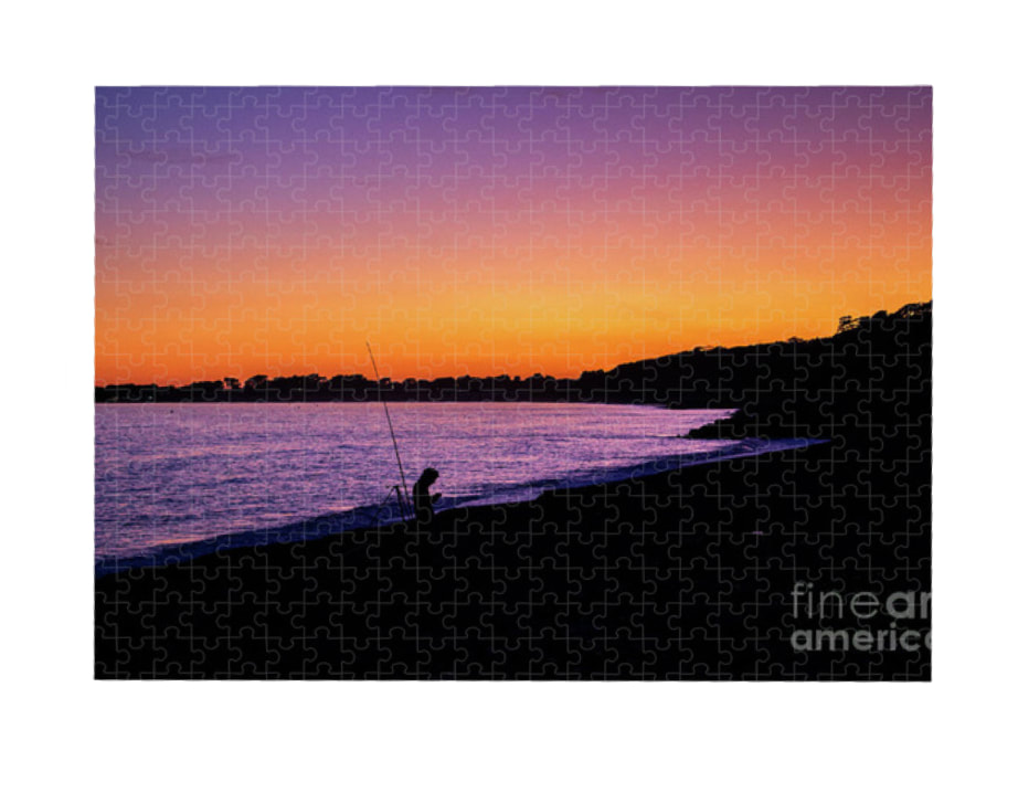 Captivating Sunset Fishing at Bournemouth Beach: A Serene Silhouette Against Vibrant Purple and Orange Hues, Fine Art America Jigsaw Puzzle from Fine Art America.